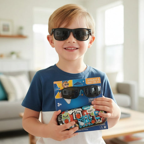 Boy wearing black wayfarer kids sunglasses with a basketball print hard case in its packaging