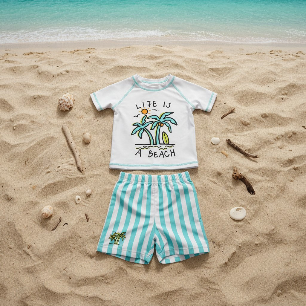 A children's two-piece beach outfit, featuring a white short-sleeve rash guard with a palm tree graphic, paired with mint-and-white striped shorts
