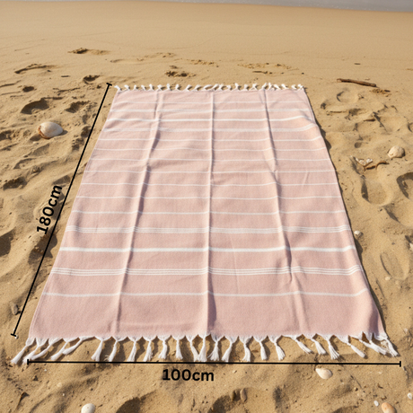 Pink and white striped fringe beach towel 180x100 cm with size guide - Jack Gifts Lebanon