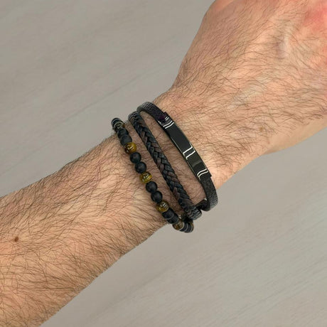 Beaded and braided leather bracelet stack with amber stone beads, Jack Gifts Online Lebanon