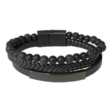 All black beaded and braided leather bracelet with a polished bar on white