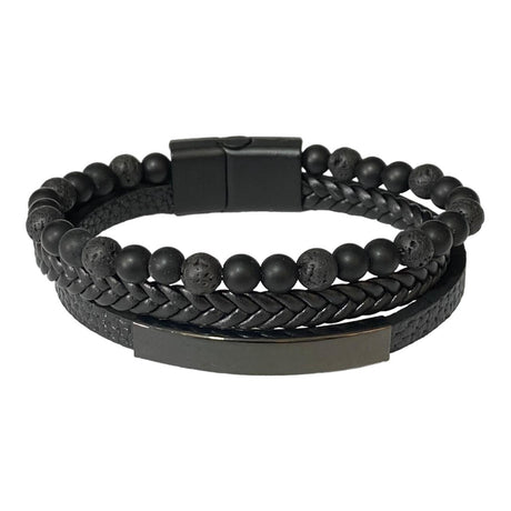 All black beaded and braided leather bracelet with a polished bar on white