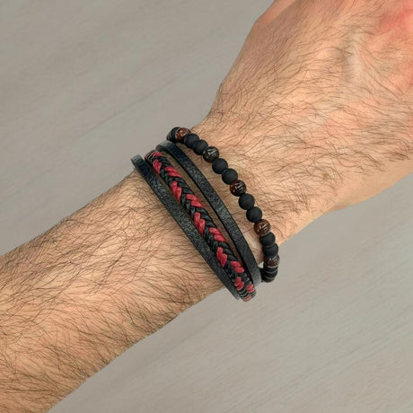 Red and black braided leather bracelet stack with stone beads, Jack Gifts Online Lebanon