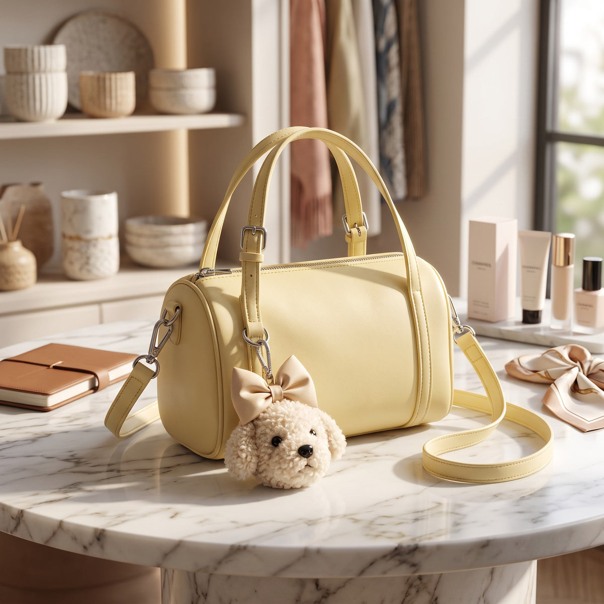 Pastel yellow barrel bag with top handles, shoulder strap and teddy bear charm