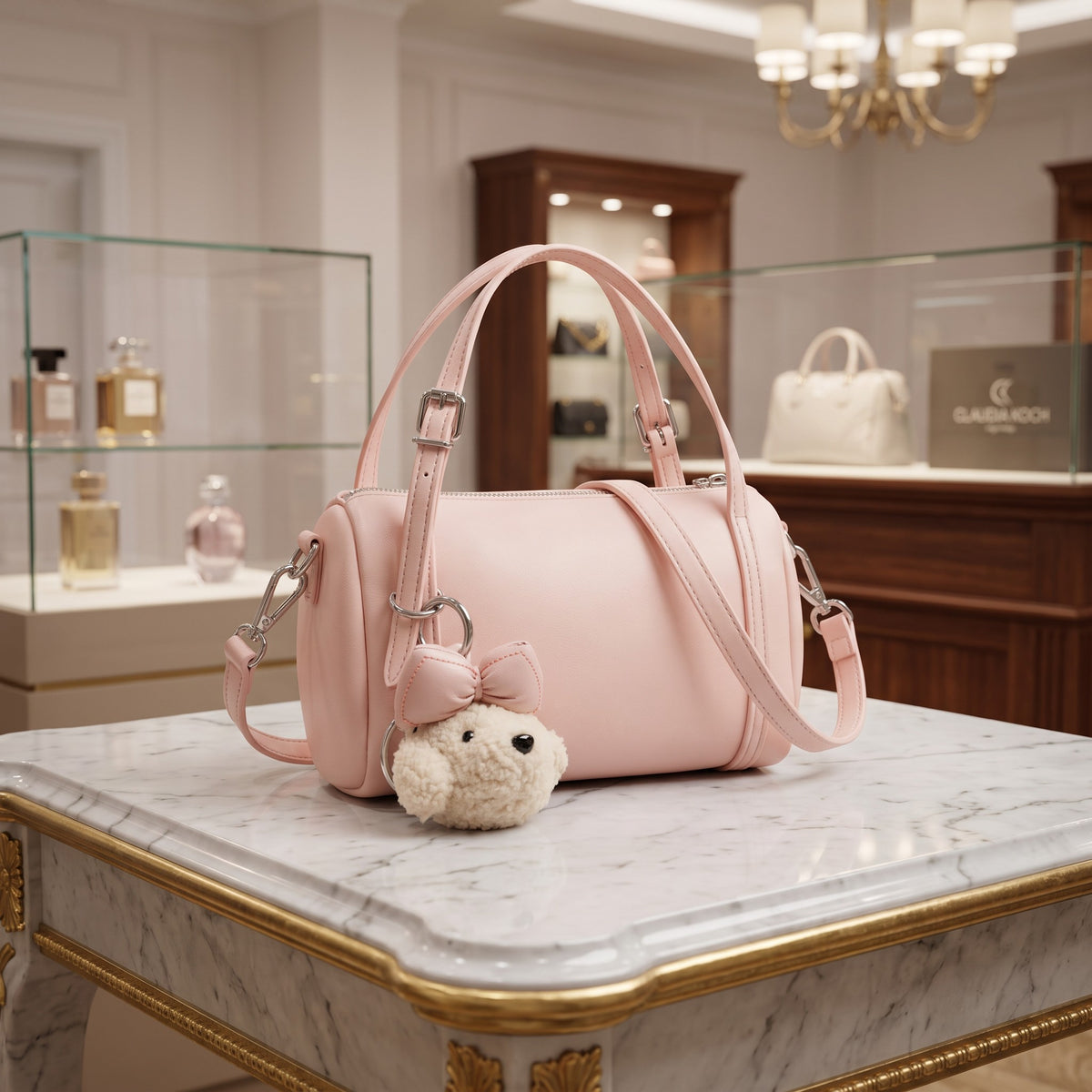 Pink barrel crossbody bag with a bear charm on a marble table