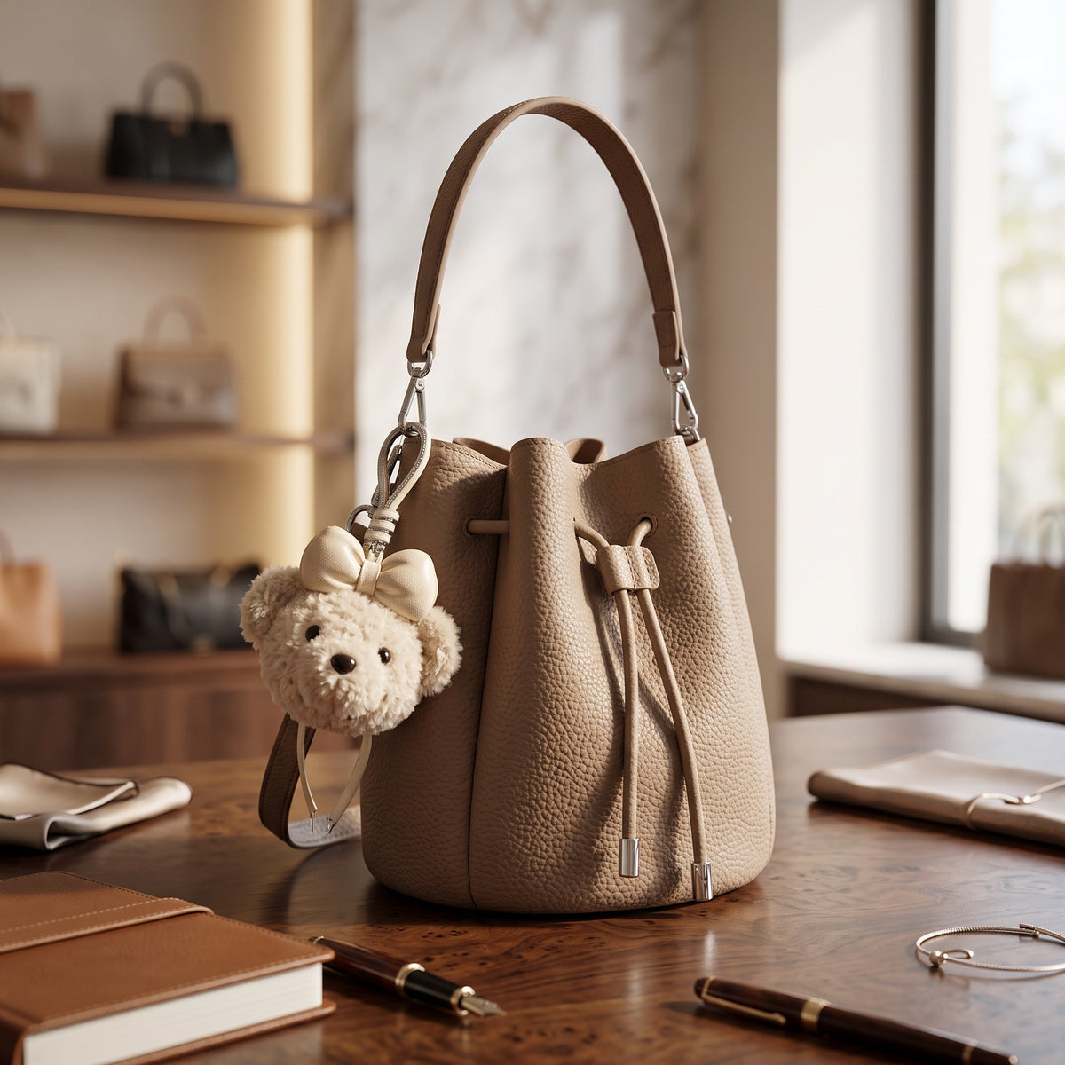 Taupe drawstring bucket bag with a leather drawstring and bear charm