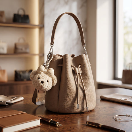 Taupe drawstring bucket bag with a leather drawstring and bear charm