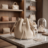 Cream drawstring bucket bag with a clip on strap and bear charm