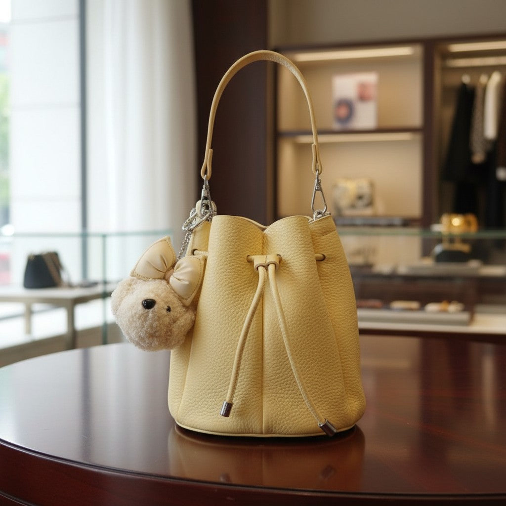 Yellow drawstring bucket bag with a top handle and teddy bear charm