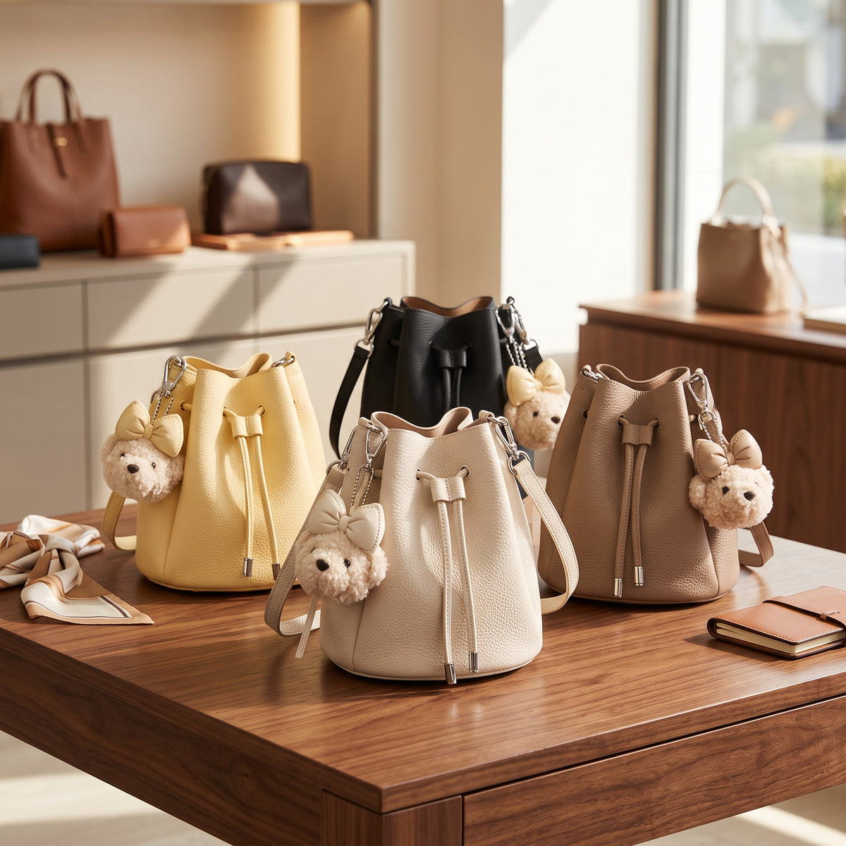 Yellow, black, cream and taupe drawstring bucket bags with bear charms