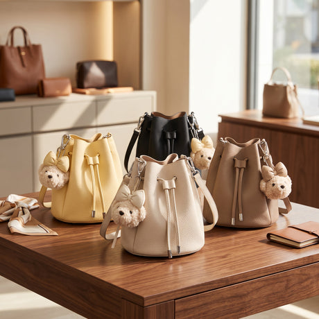 Yellow, black, cream and taupe drawstring bucket bags with bear charms