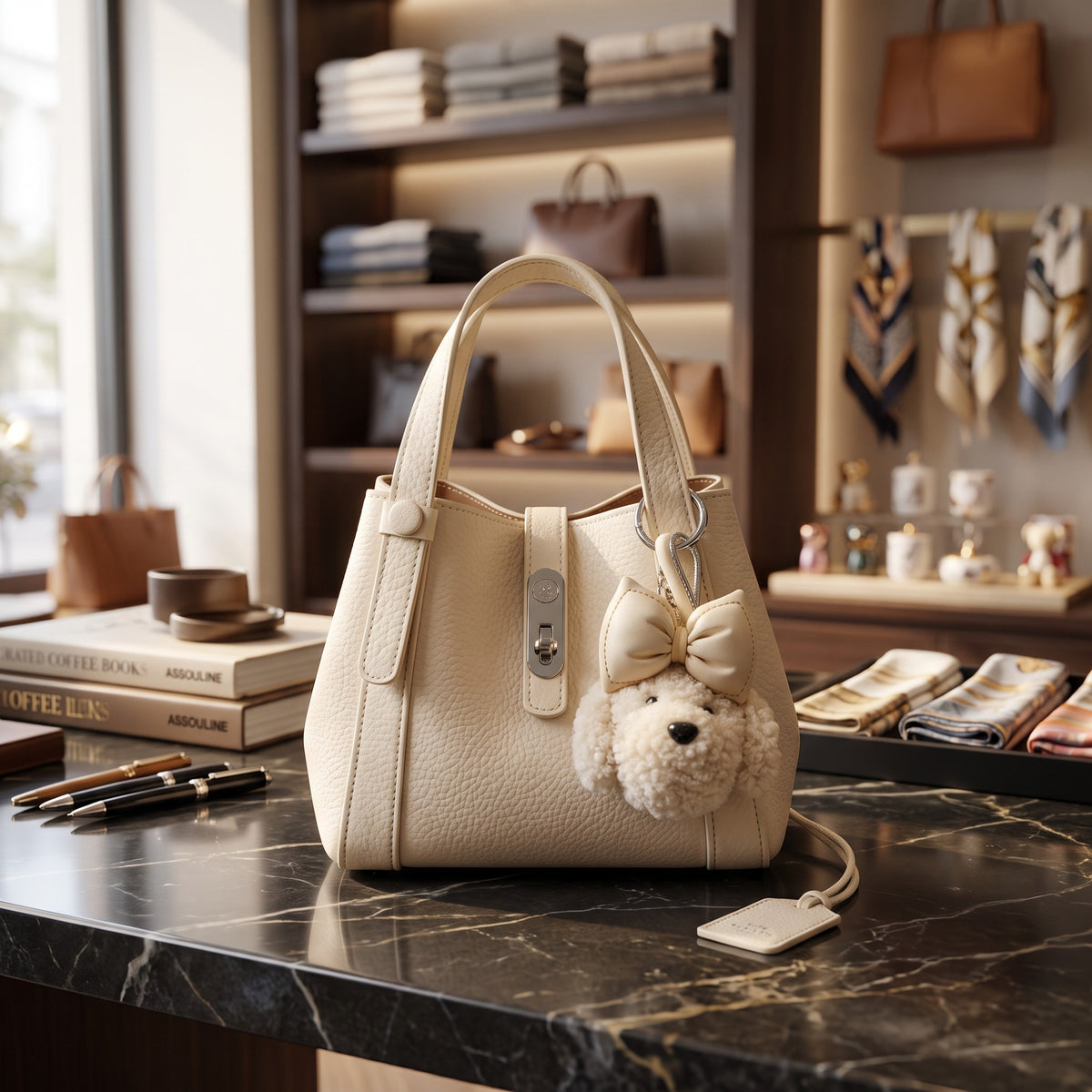 Cream pebbled handbag with a twist lock and fluffy bear charm