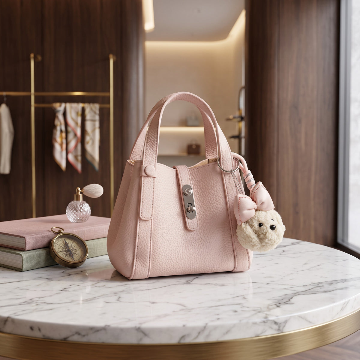 Pink pebbled handbag with top handles and a teddy bear charm