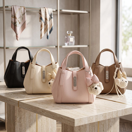 Black, cream, pink and taupe pebbled handbags with twist locks and bear charms
