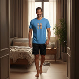 Bear print pyjama set worn walking through a bedroom doorway