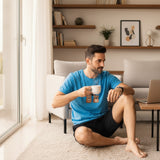Bear print pyjama set worn sitting on a rug with a laptop and coffee