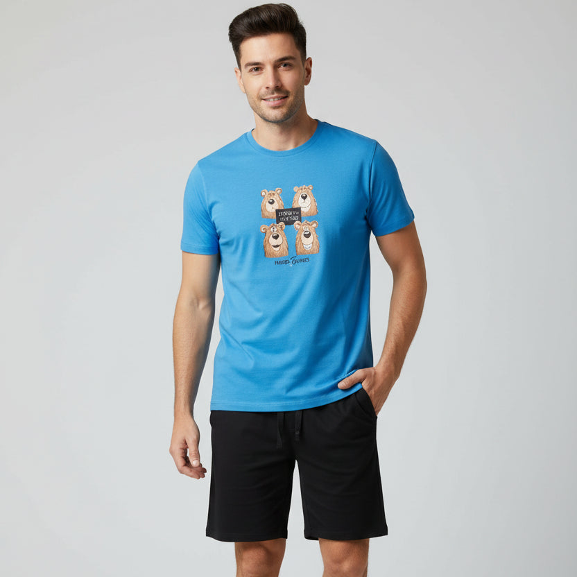 Blue tee with four cartoon bear faces and black shorts