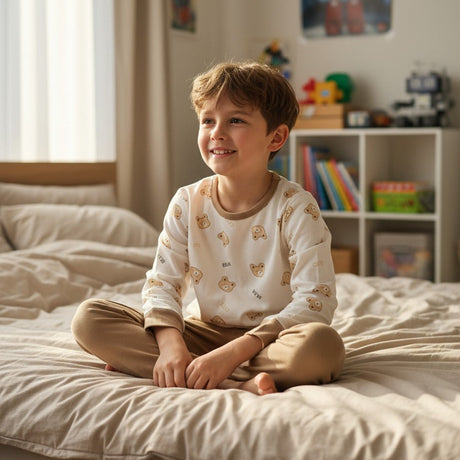Boy in a cream teddy bear print pajama top with tan pants