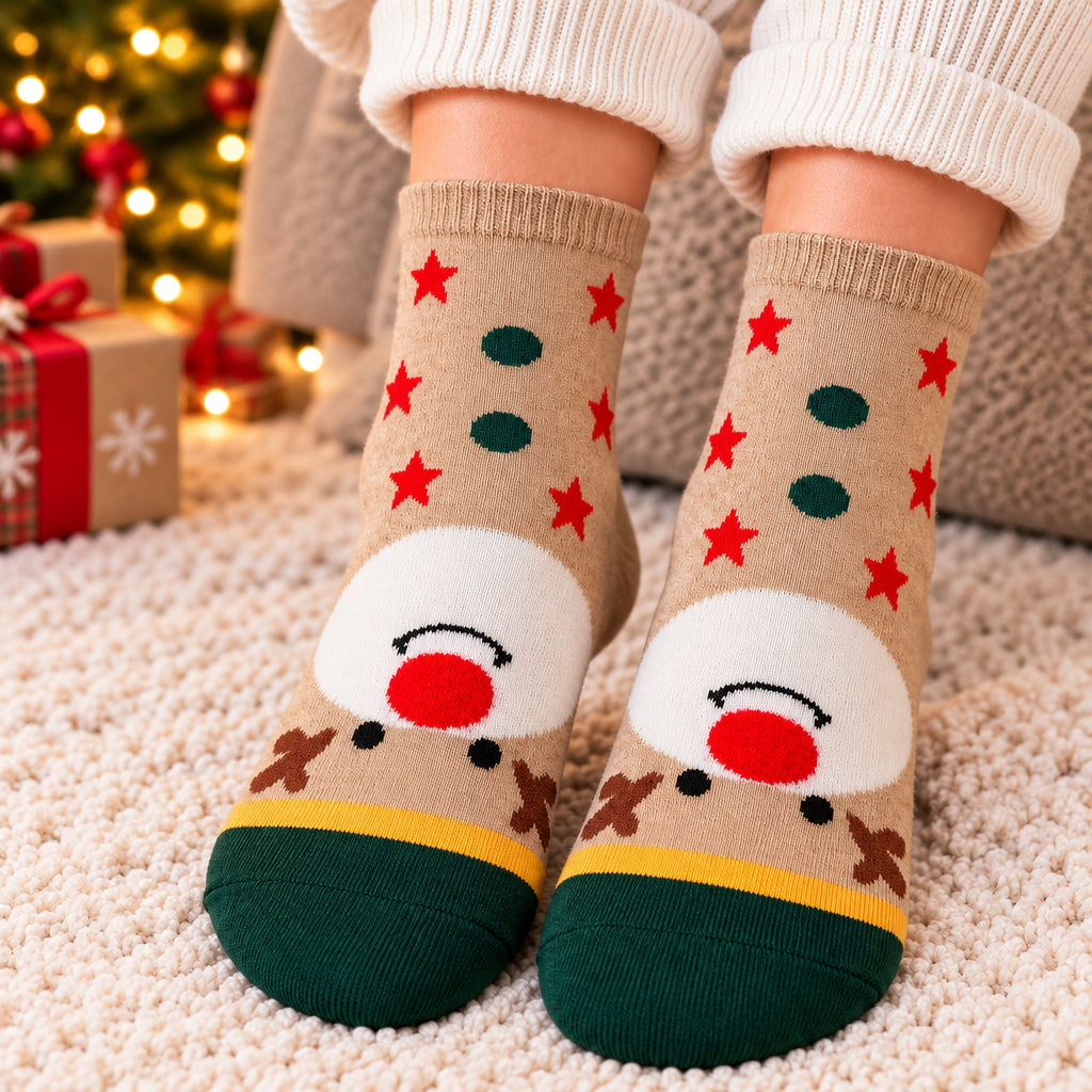 Beige Christmas socks with red stars, green dots, a red nosed reindeer face and dark green toes