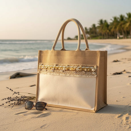 Beige jute beach tote with gold beads and cowrie shell trim, Jack Gifts Online Lebanon