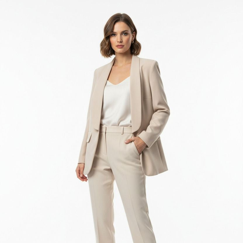 Woman wearing a beige suit with a white top on a white background