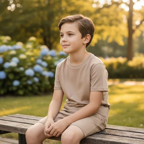 Boys beige tee and shorts set worn in the park, Jack Gifts Online Lebanon