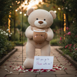 Beige smooth pile teddy bear cradling a smiling latte cup plush with blush cheeks