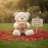 Beige 140cm teddy bear seated on a lawn holding the smiling latte cup plush