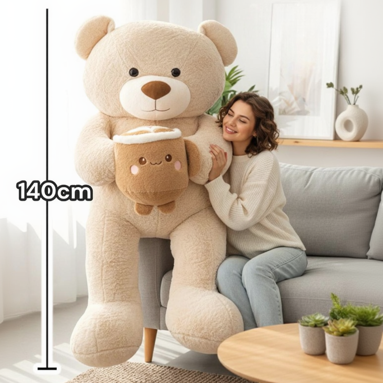 Woman on a sofa hugging the beige teddy bear beside a 140cm measuring line