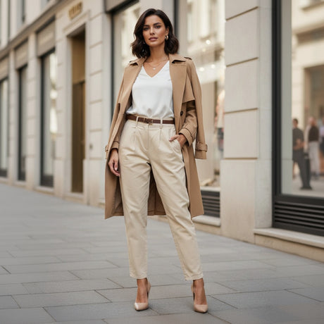 Woman wearing a beige trench coat and pants on a city street