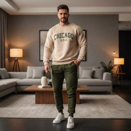Man standing in a modern living room wearing a 'Chicago USA' beige sweatshirt and dark green sweatpants