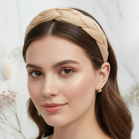 Beige braided twist headband with a thick plaited band, styled with straight hair