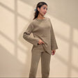 Taupe beige knit sweater and matching wide leg trousers set, full length