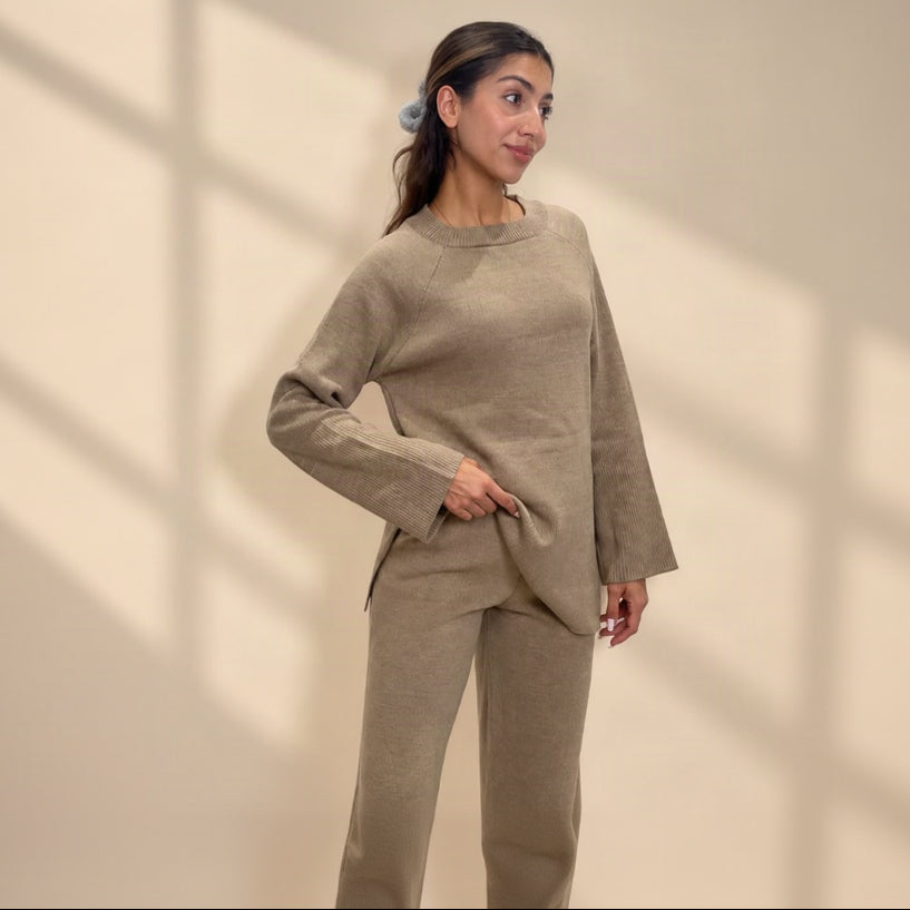 Taupe beige knit sweater and matching wide leg trousers set, full length