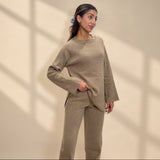 Taupe beige knit sweater and matching wide leg trousers set, full length