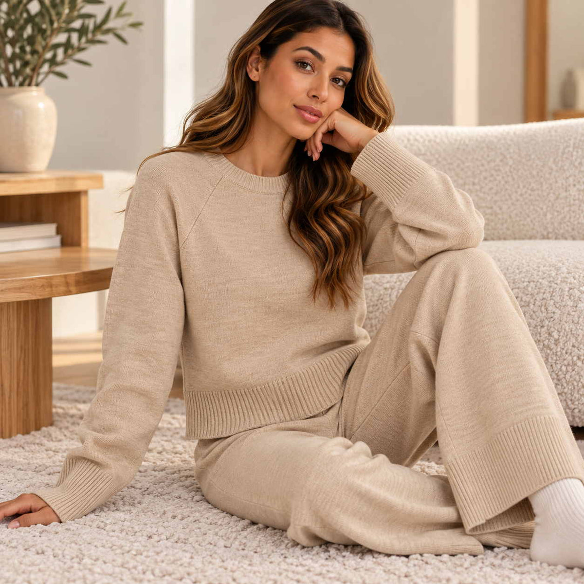 Beige knit jumper and wide leg pants set with ribbed hems, worn sitting on a fluffy rug
