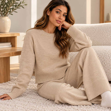 Beige knit jumper and wide leg pants set with ribbed hems, worn sitting on a fluffy rug