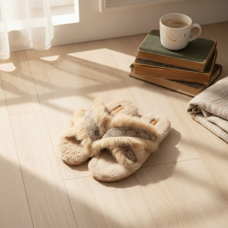 Neutral fur slippers at rest beside a sofa leg and a small side table