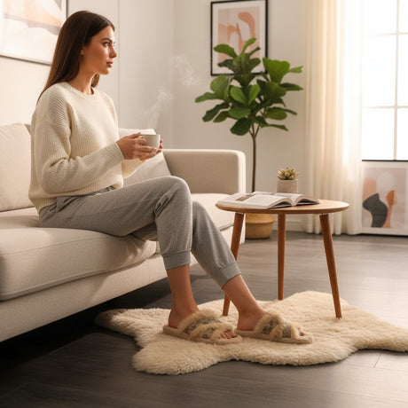 Beige faux fur crossover slippers on a sunlit wooden floor, two bands over the instep