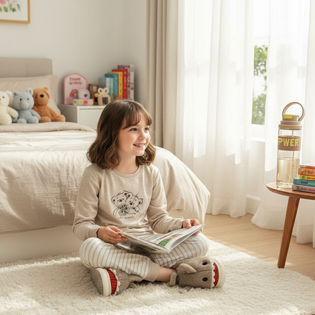 Beige teddy print pajama set flat lay with striped pants and shark slippers