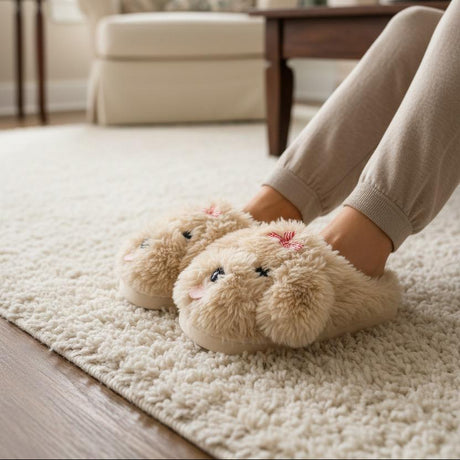 Beige plush puppy slippers with stitched eyes resting on a sofa