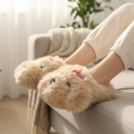 Kids beige fluffy puppy slippers with a gingham bow, Jack Gifts Online Lebanon