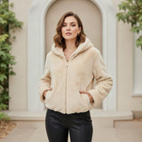 Women's beige faux fur hooded jacket, soft everyday winter layer, Jack Gifts Online Lebanon