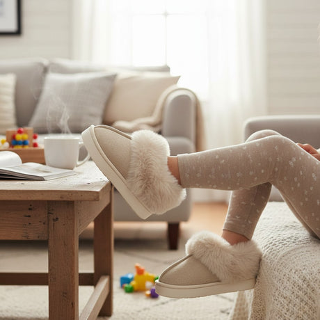 Child wearing beige kids slippers with a soft faux fur collar, Jack Gifts Online Lebanon