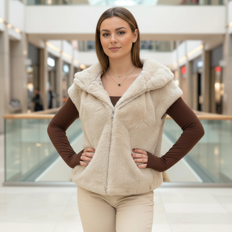 Women's beige faux fur hooded vest, cozy relaxed fit, Jack Gifts Online Lebanon