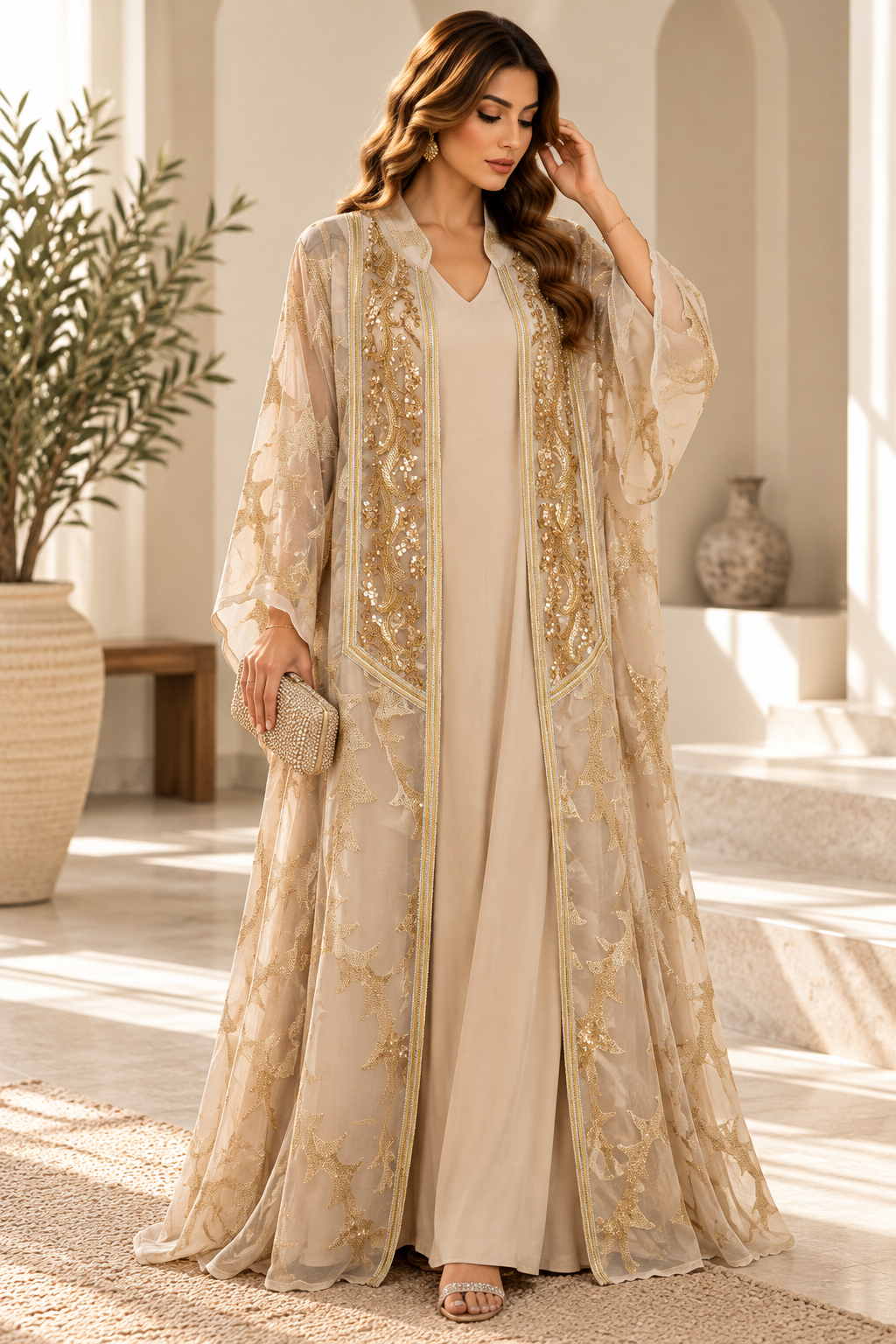 Woman in a beige two piece abaya with a sheer gold embroidered open robe over a maxi dress