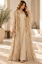 Woman in a beige two piece abaya with a sheer gold embroidered open robe over a maxi dress