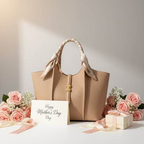 Beige handbag with flowers, gift box, and 'Happy Mother's Day' card on a light background