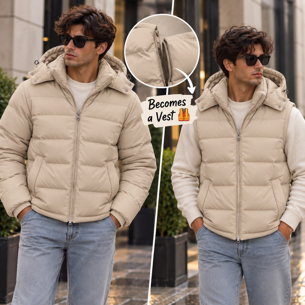 Side by side views of the beige puffer worn as a jacket and with sleeves removed as a vest