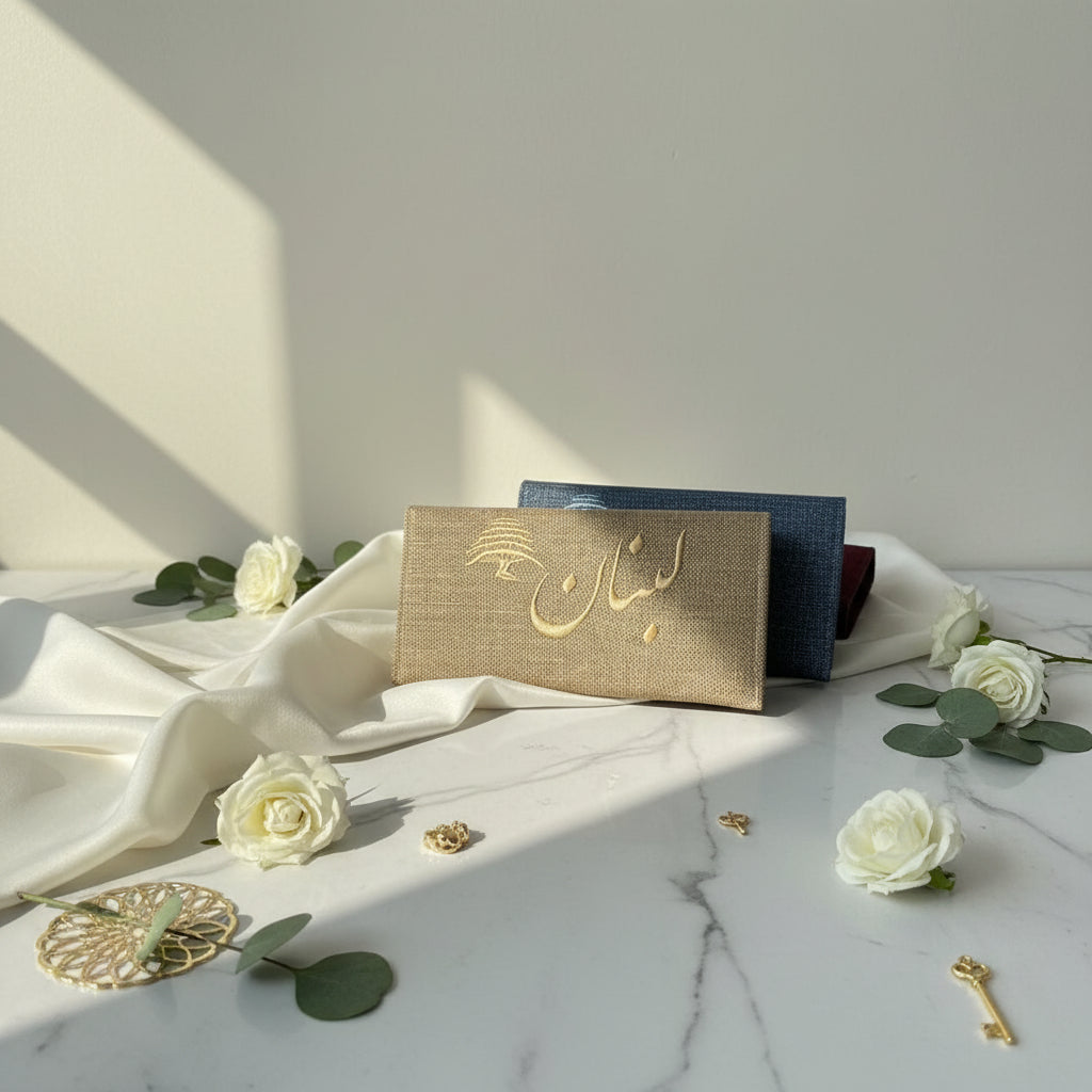 Beige woven long clutch wallet embroidered in gold with a cedar tree and Lebanon in Arabic